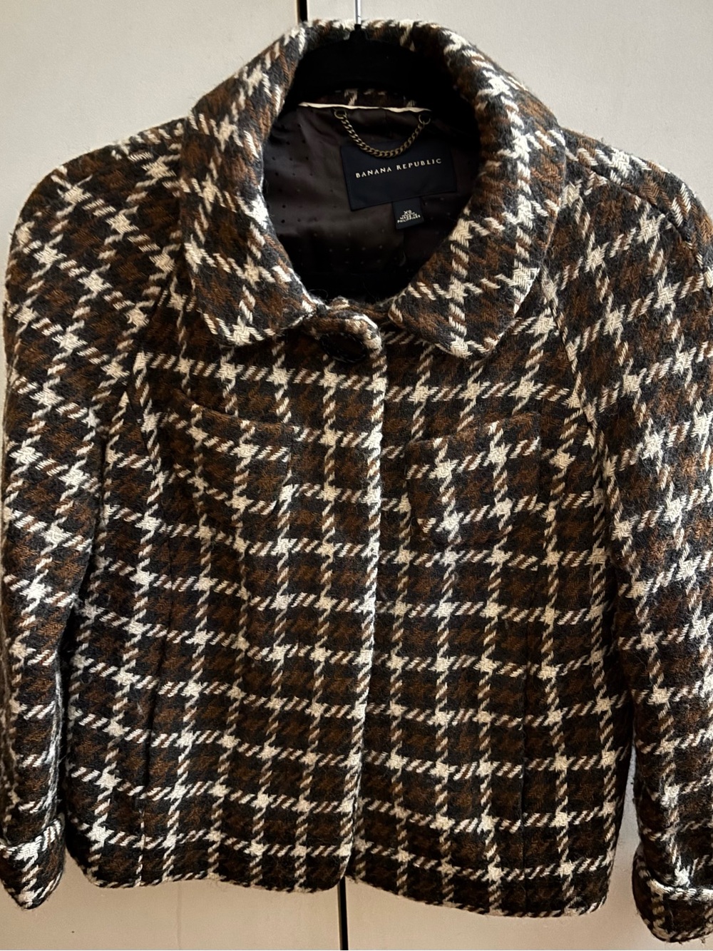 Banana Republic Brown & White Plaid Pea Coat